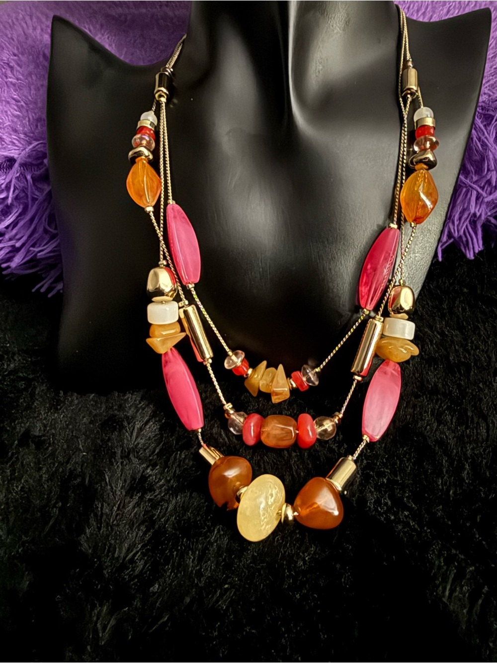 Chico’s Color Pop Statement Pink Orange Layered Artisan Beaded Necklace